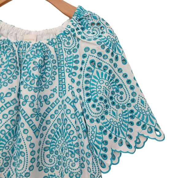 Chico's Eyelet Embroidered Top Womens Small Aqua Green Short Sleeve Bohemian - Picture 4 of 12